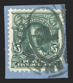 313, $5.00 Dark green, choice used single, tied to small piece by New York double oval registry cancel, flawlessly centered amid balanced margins, intense color, extremely fine
2003 PSE certificate.