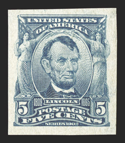 315, 5c Blue imperforate, select mint single, huge balanced margins all around, exceptionally bright and fresh, o.g., n.h., extremely fine a pristine gem 1999 PF certificate
ex-Lyons.