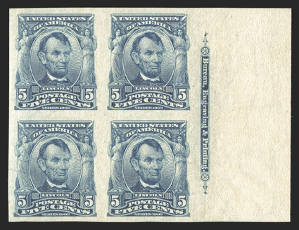 315, 5c Blue imperforate, right sheet-margin imprint block of four, with large even margins on the other three sides, o.g., bottom right stamp with tiny trace of hinging, the
others all n.h., extremely fine.