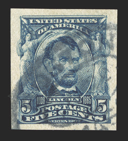 315, 5c Blue imperforate, scarce used single, with large to very large margins all around, rich color and crisp impression, contemporaneous Boston double oval postmark,
extremely fine 1985 PF certificate.