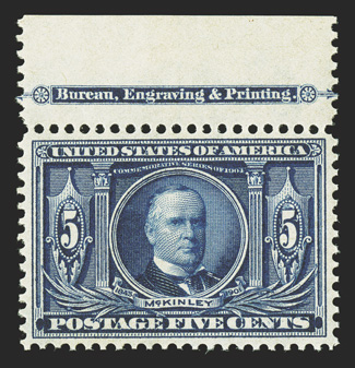 326, 5c Louisiana Purchase, top margin imprint single, excellent centering, deeply rich color, o.g., n.h., extremely fine 2004 PSE certificate (XF-Superb 95 SMQ
$1,500.00).