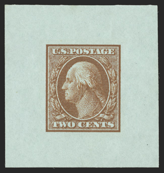 332TC1, 2c Brown on light blue, large die trial color proof on proof paper, 38x41mm, marvelously bright and fresh, very fine this color combination is unlisted in Scott and
believed to be unique ex-Zivic.