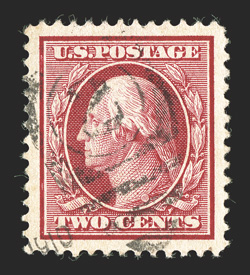 332, 2c Carmine, a phenomenal used example of this common stamp, in the ultimate quality, being absolutely perfectly centered within extravagantly large margins all around,
bright color, light portion of a duplex cancel, superb a stamp for the