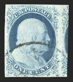 9, 1c Blue, Ty. IV, position 89R1L, showing no break in the bottom frameline (see previous lot) before the plate began to wear, large to extra-large margins all around,
including a portion of the adjoining stamp at right, bright color and a stro