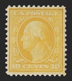 Formerly 338a, 10c Yellow on experimental China Clay paper, wonderfully well centered within generous margins, strong color on distinctive paper, o.g., barest trace of hinging,
extremely fine 1981 and 1990 PF certificates.