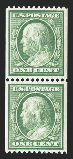 348, 1c Green coil, perf. 12 horiz., guide line pair, excellent centering within large margins, fresh color, pristine o.g., n.h., extremely fine 2000 PF certificate and a 2007
PSE certificate (XF 90 SMQ $950.00).