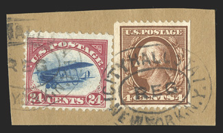 350, 4c Orange brown coil, perf. 12 horiz., nicely centered single tied along with 24c Carmine rose and blue air mail (C3) by two strikes of double oval City Hall Sta.New York,
N.Y.Reg postmarks, very fine and attractive.