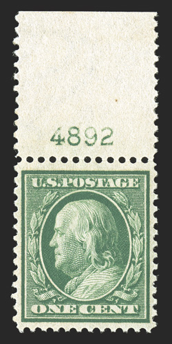 357-58, 1c Green and 2c Carmine on bluish paper, well centered singles of each, the 1c a top sheet-margin plate no. 4892 example, 2c with large margins, o.g., n.h., extremely
fine 1993 and 1992 PSE certificates respectively.