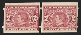 371, 2c Alaska-Yukon imperforate, Attleboro perforations, an attractive mint pair of this exceedingly scarce and difficult vending machine coil, fresh and intact, o.g., l.h.,
very fine.