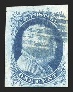 7, 1c Blue, Ty. II, position 1L2, the misplaced transfer position, displaying numerous surface cracks in top left and left sheet margins, a lovely gem example, with huge partial
sheet margins at top and at left, while the other two margins