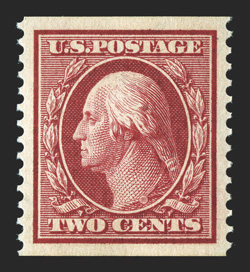 388, 2c Carmine coil, perf. 12 vert., an incomparable and seldom offered certified genuine mint single of this truly rare and often faked coil, being in a quality that could
not be improved upon, as it is precisely centered within lavishly large