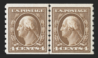 395, 4c Brown coil, perf. 8½ vert., guide line pair, post office fresh, sumptuously rich color, o.g., n.h., very fine 1990 PF certificate.