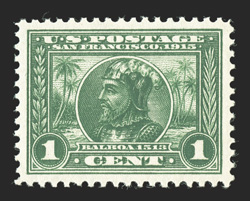 397, 1c Panama-Pacific, large and wonderfully well balanced margins all around, sumptuously rich color on bright paper, unblemished o.g., n.h., an extremely fine gem 2005 PSE
certificate (Superb 98 SMQ $600.00).