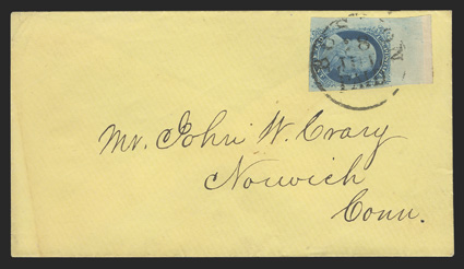 7, 1c Blue, Ty. II, position 1L2, misplaced transfer and surface cracks, a stunning top left corner sheet-margin example of this position which Neinken specifically mentions is
a most interesting stamp, the sizable sheet margin at left and