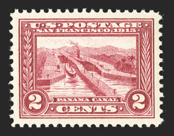 398, 2c Panama-Pacific, near perfect centering within uncommonly large margins, rich vibrant color, pristine o.g., n.h., extremely fine a gem stamp with outstanding eye appeal
2005 PSE certificate (Superb 98 SMQ $875.00).