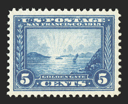 399, 5c Panama-Pacific, a remarkably choice mint example that is precisely centered within large margins, rich luxuriant color and a highly detailed impression on fresh paper,
immaculate o.g., n.h., an extremely fine gem for the most demanding c