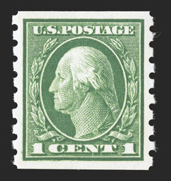 412, 1c Green coil, perf. 8½ vert., exceptionally well centered and margined, deeply rich color on bright paper, o.g., n.h., extremely fine 2010 PSE certificate (XF-Superb 95
SMQ $185.00).
