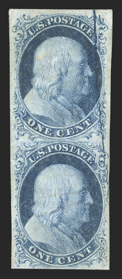 7 var., 1c Blue, Ty. II, the so-called Big Crack variety, positions 212L2, a striking unused vertical pair displaying this enormous cracked plate variety extending vertically
along the entire right side of position 2L2 and continuing halfway