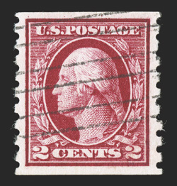 413, 2c Carmine coil, Ty. I, perf. 8½ vert., premium used single, extraordinarily well centered and margined, radiant color, extremely fine 2007 PSE certificate (XF-Superb 95
SMQ $200.00).