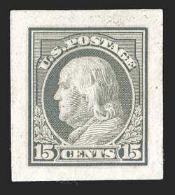 418P2a, 15c Gray, Panama-Pacific small die proof on yellowish wove, large margins all around, fresh color and paper, small bits of mounting adhesion on the back, very fine no
more than five were produced.