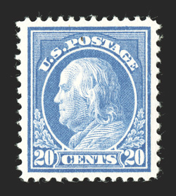 419, 20c Ultramarine, excellent centering within large margins, brilliantly fresh color on clean white paper, small natural inclusion at top, o.g., n.h., extremely fine 2005
PSE certificate (XF 90 SMQ $875.00).