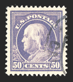 421, 50c Violet, single line watermark, an outstanding used single, featuring impeccable centering within large margins, plus its color is particularly strong and rich on fresh
white paper, unusually light cancel, extremely fine gem 2010 PSE ce