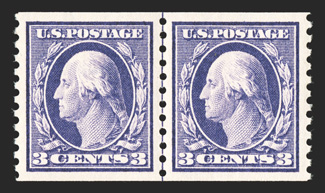 445, 3c Violet flat plate coil, perf. 10 vert., a stunning mint guide line pair, possessing mathematically precise centering within unusually wide margins, intensely rich color
and a bold impression, even the guide line is perfectly placed betwe