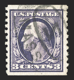 445, 3c Violet flat plate coil, perf. 10 vert., used, deep rich color, light double oval registry postmark, very fine 2000 APS certificate.