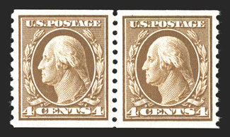 446, 4c Brown flat plate coil, perf. 10 vert., pair, exceedingly well centered within wide margins, rich fresh color, o.g., lightly hinged, extremely fine 2005 PSE certificate
(XF-Superb 95 OGph SMQ $580.00).