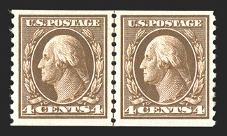 446, 4c Brown flat plate coil, perf. 10 vert., guide line pair, well centered and margined, strong rich color, o.g., lightly hinged, very fine 2009 PF
certificate.