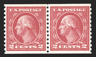 454, 2c Red rotary coil, Ty. II, perf. 10 vert., mint pair, exceptionally well centered, bright and fresh, o.g., n.h., extremely fine 1996 PF certificate.