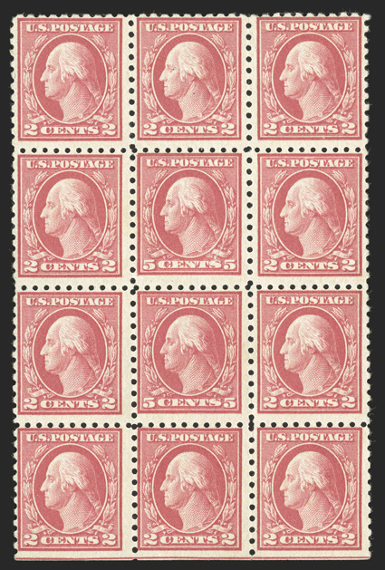 467, 5c Carmine error, double error at the center of a bottom margin mint block of twelve, o.g., h.r. on two 2c stamps, the errors both n.h., fine.