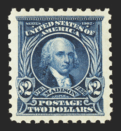 479, $2.00 Dark blue, a sensational mint single that is the epitome of perfection, featuring mathematically precise centering amid extravagantly large margins, but just as
impressive is the stamps eye-arresting intense color in an especially da
