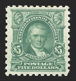 480, $5.00 Light green, handsome mint single, outstanding centering amid uncommonly large and well balanced margins, o.g., n.h., extremely fine 1992 PSE
certificate.