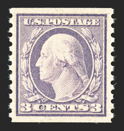 493, 3c Violet coil, Ty. I, perf. 10 vert., gem mint single, beautifully centered within uncharacteristically large margins, attractive color, o.g., n.h., extremely fine 2007
PSE certificate (Superb 98 SMQ $300.00).