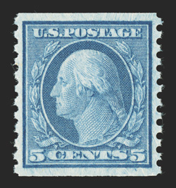 496, 5c Blue coil, perf 10 vert., gem mint single, with perfectly balanced margins all around, bright fresh color, o.g., n.h., superb 2010 PSE certificate (Gem 100 SMQ $135.00
for 98) one of just three to share this impressive grade, the hi