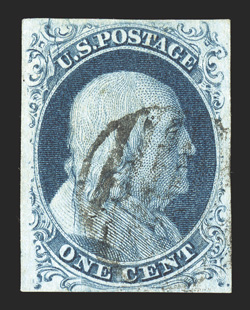 7 var., 1c Blue, Ty. II, the so-called Big Crack variety, position 23L2, a highly select example showing the advanced state of the crack running the entire vertical length of
the stamp at left, four large and even margins, sumptuously rich col