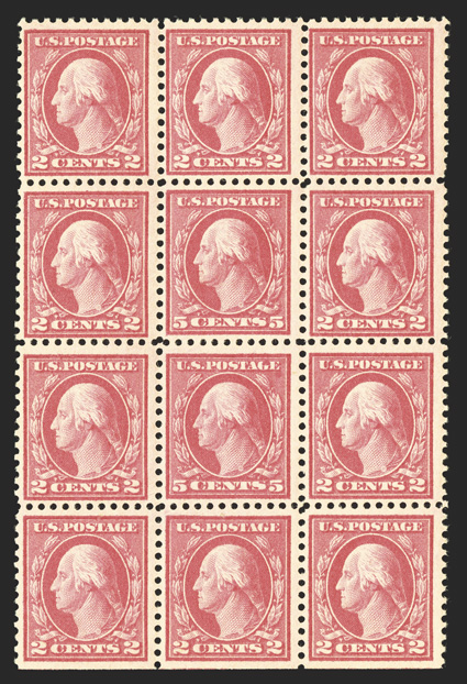 505, 5c Rose error, double error in a block of twelve, strong color, o.g., never hinged, fine 2005 PSE certificate.