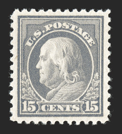 514, 15c Gray, an extraordinarily choice mint example, being precisely centered within large margins, attractive rich color, pristine o.g., n.h., an extremely fine gem 2010 PSE
certificate (Superb 98 SMQ $1,200.00) only three stamps grade hig