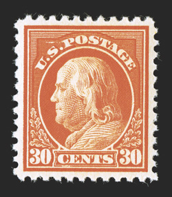 516, 30c Orange red, gorgeous vivid color with an outstanding impression, exceptionally well centered, o.g., n.h., extremely fine 2010 PSE certificate (XF-Superb 95 SMQ
$650.00).