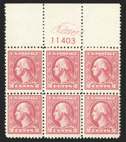 528, 2c Carmine offset, Ty. Va, full top margin plate no. 11403 block of six, with plate printers engraved initials OAM in the selvage above the plate number, fresh and intact,
o.g., n.h., fine-very fine.