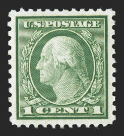 538, 1c Green coil waste, perf. 11x10, a superlative mint example of this surprisingly difficult stamp, being flawlessly centered within remarkably large margins for a coil
waste stamp, rich luxuriant color, o.g., never hinged, a superb gem whos