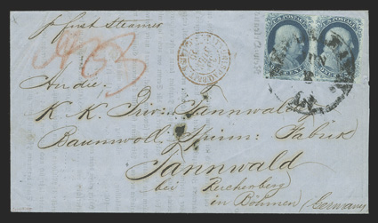 7, 1c Blue, Ty. II, positions 11-12R2, horizontal pair, three mostly large margins, just cutting at top, deep rich color, tied to blue colored 1856 printed circular to
Reichenberg, Bohemia (now part of Czech Republic) by New Orleans, La.Ju