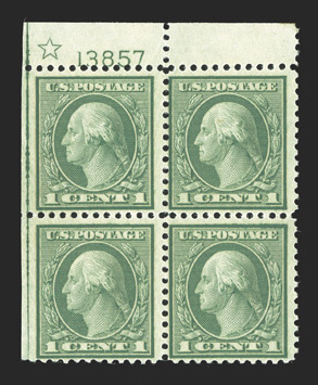 545, 1c Green coil waste, perf. 11, top margin star and plate no. 13857 block of four, with an extra-wide imperforate margin at left showing the guide line, o.g., n.h., fine
and scarce.