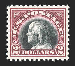 547, $2.00 Carmine and black, extraordinarily well centered within large margins, deep intense color that approaches the Lake shade, immaculate o.g., n.h., extremely fine an
especially choice stamp 2007 PSE certificate (XF-Superb 95 SMQ $925.