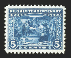 550, 5c Pilgrim Tercentenary, excellent centering within large balanced margins, rich luxuriant color and a deeply etched impression, o.g., n.h., an extremely fine gem 2006 PSE
certificate (XF-Superb 95 SMQ $550.00).
