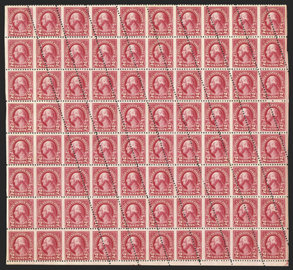 554a, 2c Carmine, imperforate vertically, four such error pairs as part of a spectacular mint part sheet of 80 (10x8), with its vertical perforations at a sharp 60 degree angle
throughout the multiple, leaving the four bottom left corners (posit