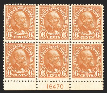 558, 6c Red orange, bottom margin plate no. 16470 block of six, radiant rich color, o.g., n.h., fresh and fine.