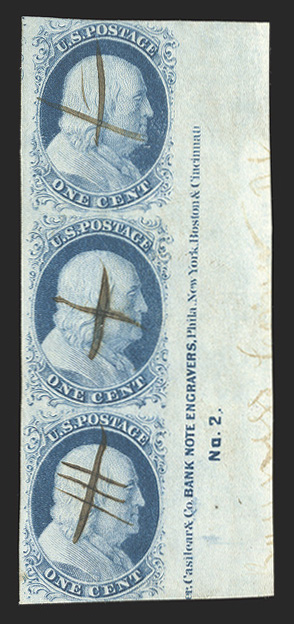 7, 1c Blue, Ty. II, positions 405060R2, a most impressive right sheet-margin nearly full imprint and plate No. 2 vertical strip of three, with huge 14mm sheet margin, other
margins just touched to large, bright fresh color, each stamp wi