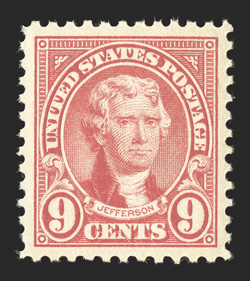 561, 9c Rose, uncommonly large and exceedingly well balanced margins all around, bright and fresh, o.g., n.h., extremely fine 2005 PSE certificate (Superb 98 SMQ $510.00) only
two stamps grade higher (both 98J).